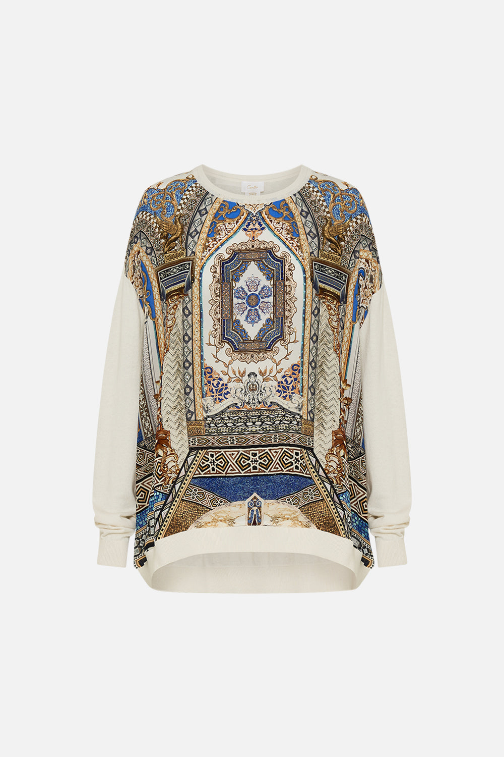 The CAMILLA OVERSIZED CROPPED TEE WITH SILK DETAILS DEFY GRAVITY in our  print.