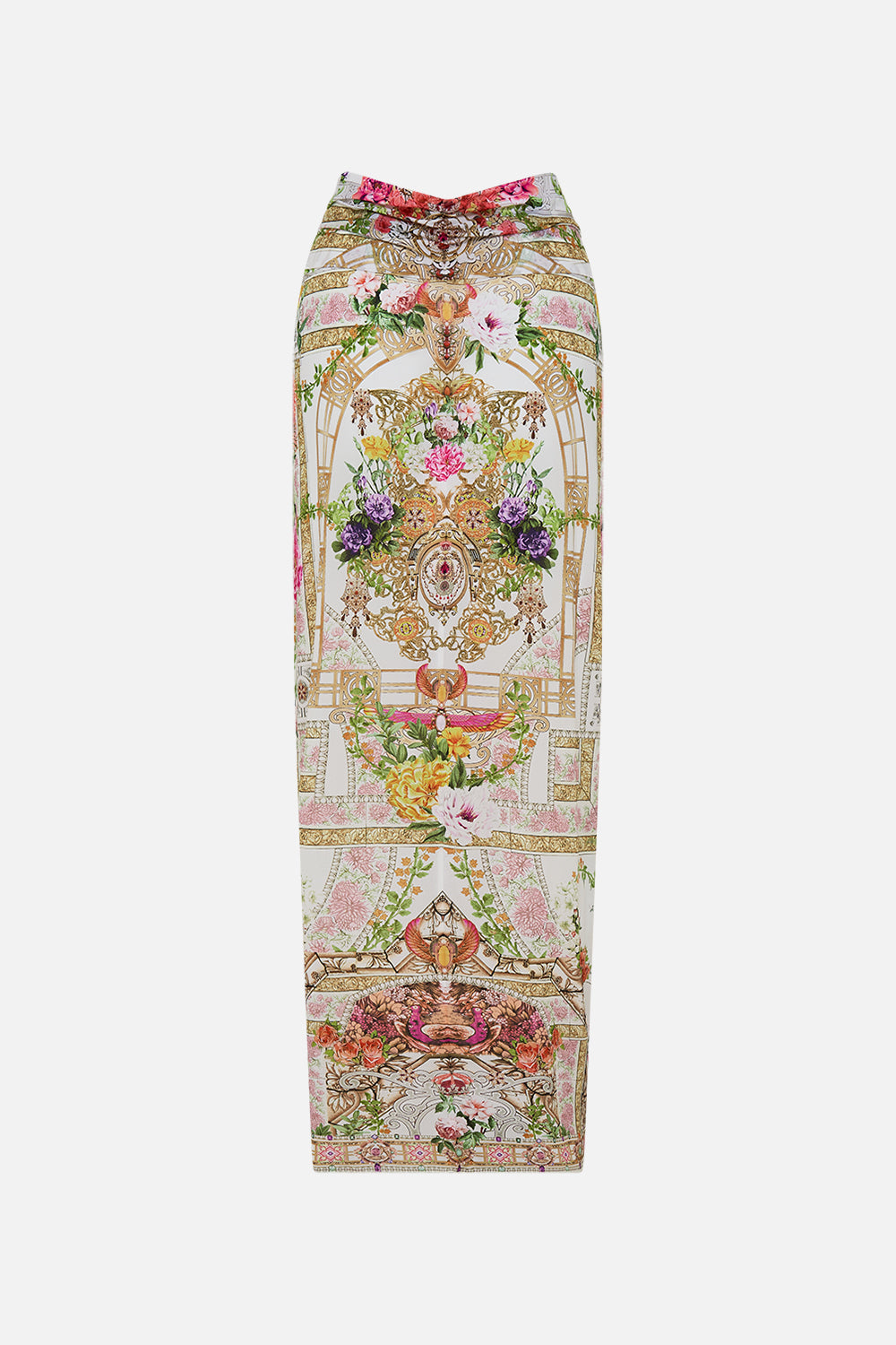 CAMILLA Twist front long skirt in Egyptian rose print.