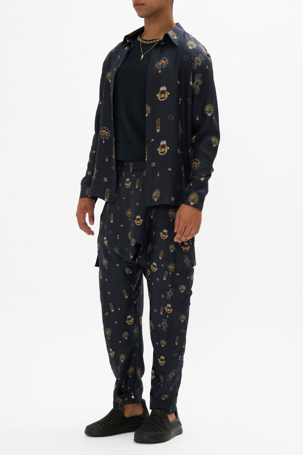 The CAMILLA JERSEY FLARED PANT CALL ME CLEOPATRA in our  print.