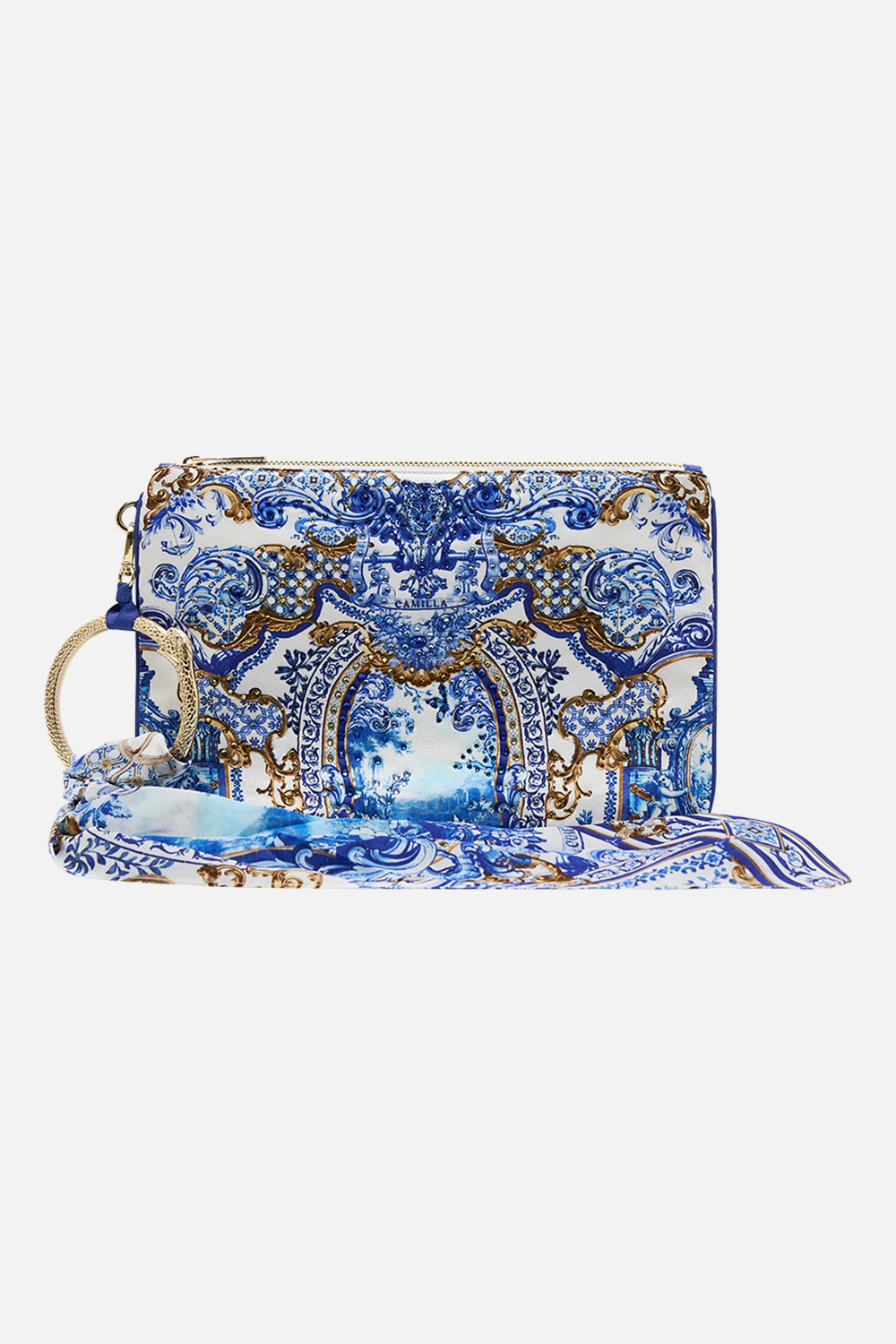 CAMILLA Ring Scarf Clutch in Azul Adventures print