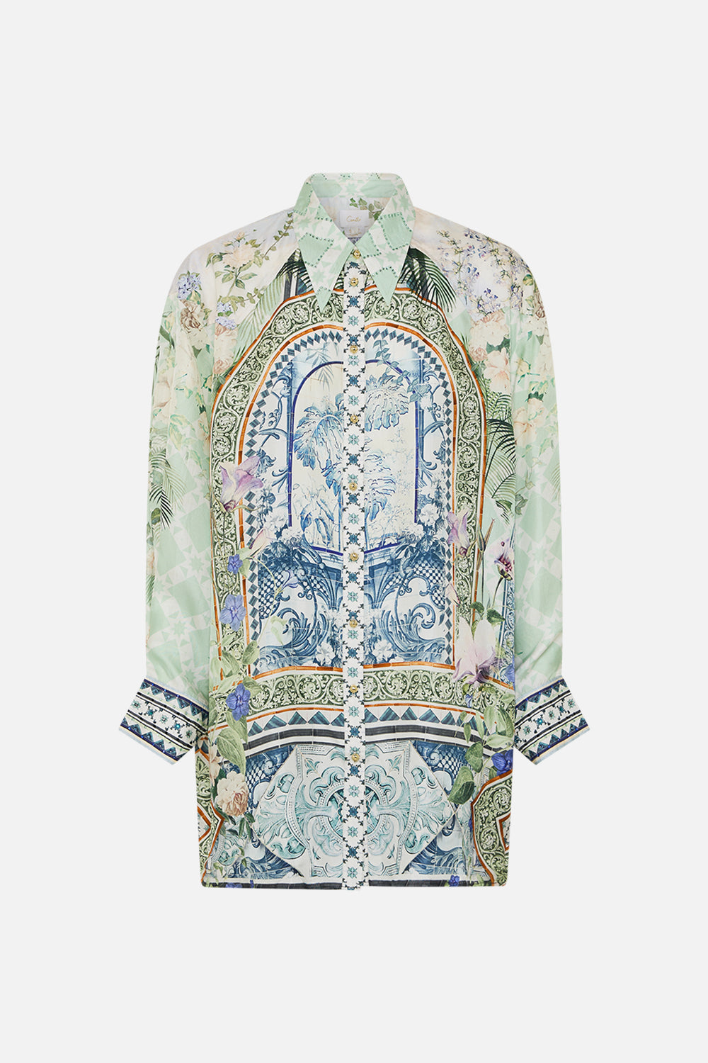 The CAMILLA LONG ROBE WITH NARROW COLLAR AND FEATHERS BASKED IN BAROQUE in our  print.