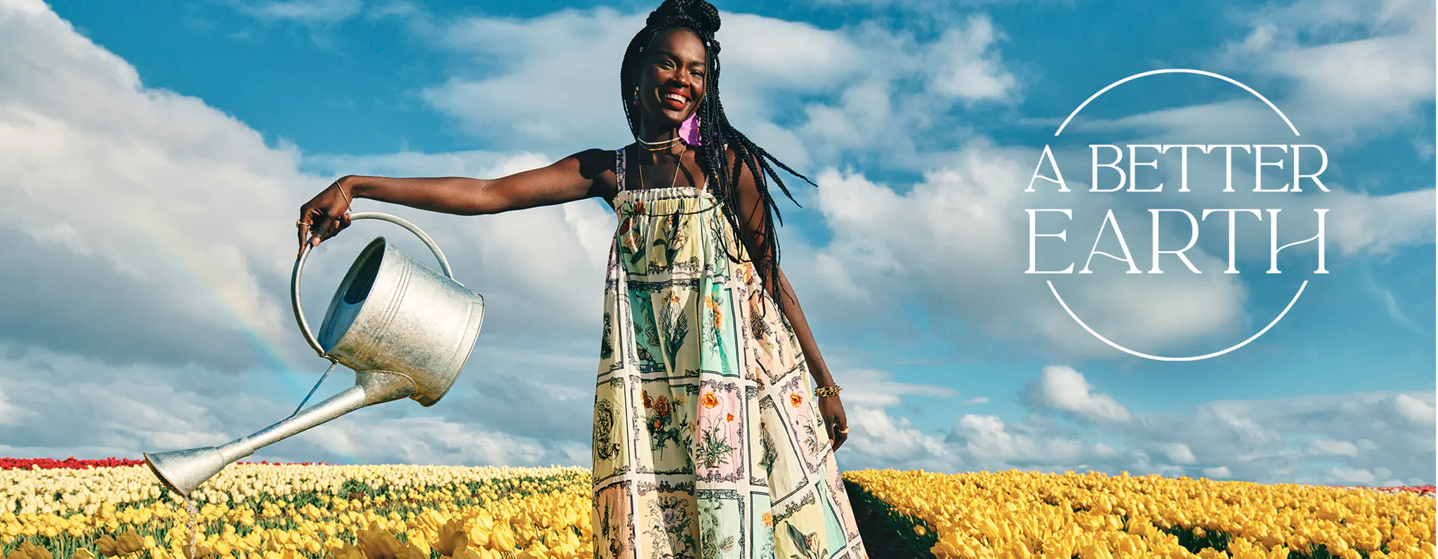 Woman holding a watering can in a field with 'A Better Earth' branding.