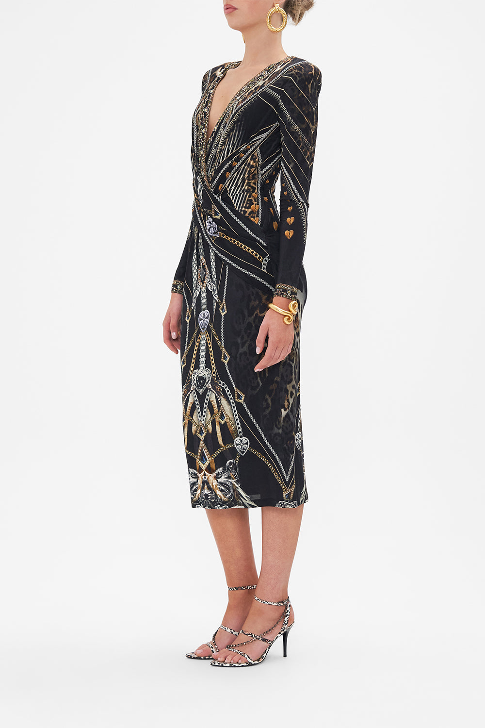 Side view of model wearing CAMILLA jersey midi dress in Chaos In The Cosmos animal print