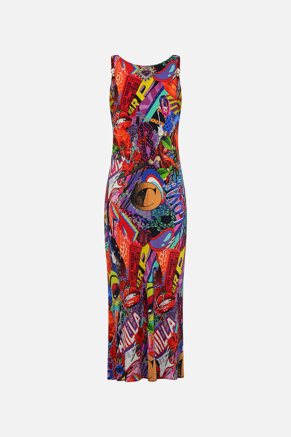 Back product view of CAMILLA bias silk slip dress in multicoloured Radical Rebirth print