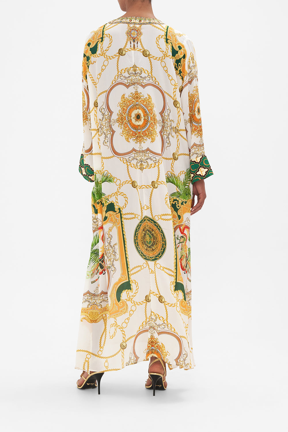 Back view of model wearing CAMILLA white silk kaftan My Sweet Devotion print