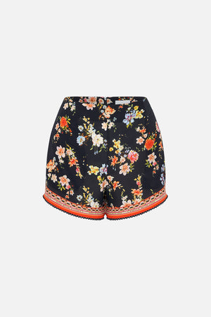 Product view of CAMILLA floral silk shorts in Secret History print