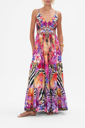 Front view of model wearing CAMILLA bright silk maxi dress in Wild Loving print