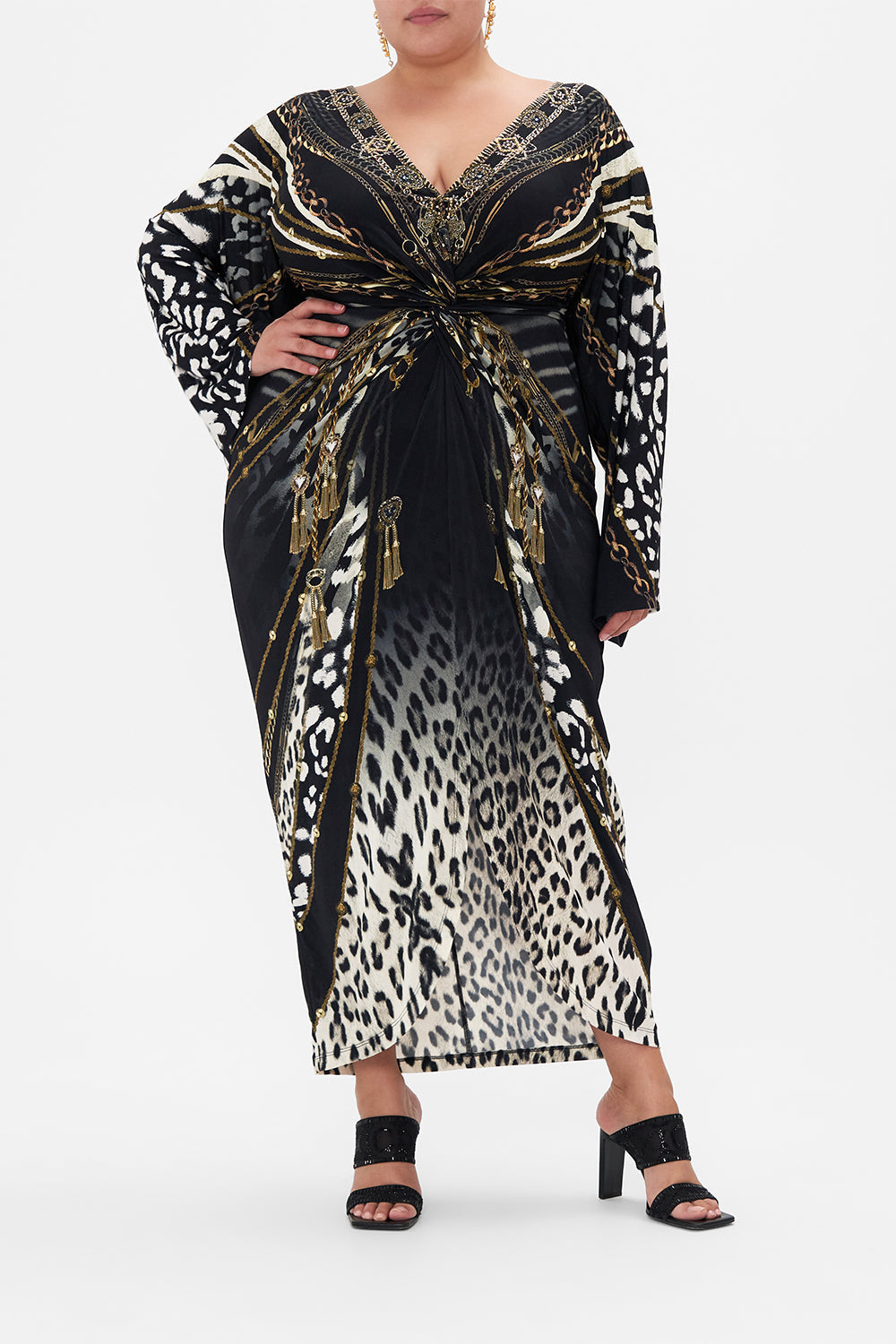 Front view of curvy model wearing CAMILLA plus size jersey dress in Untamed Royalty print