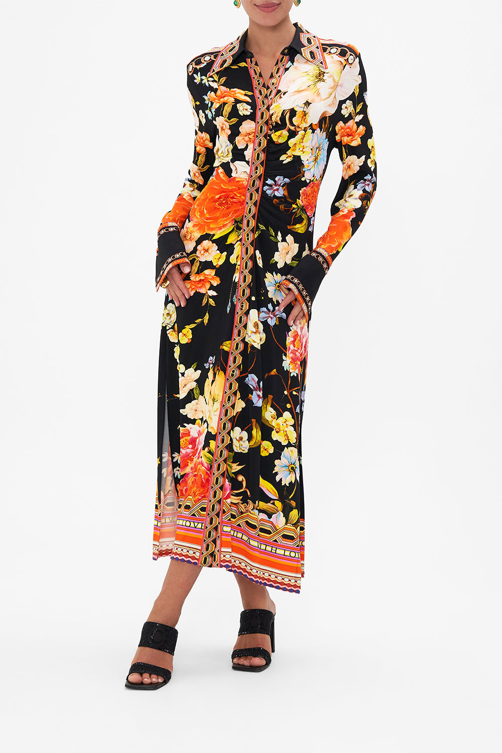 Front view of model wearing CAMILLA jersey midi dress in Secret History print