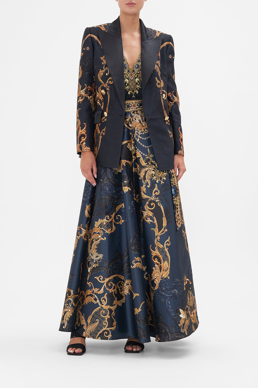 Front view model wearing of CAMILLA silk wool blazer jacket in Moonlight Melodies print