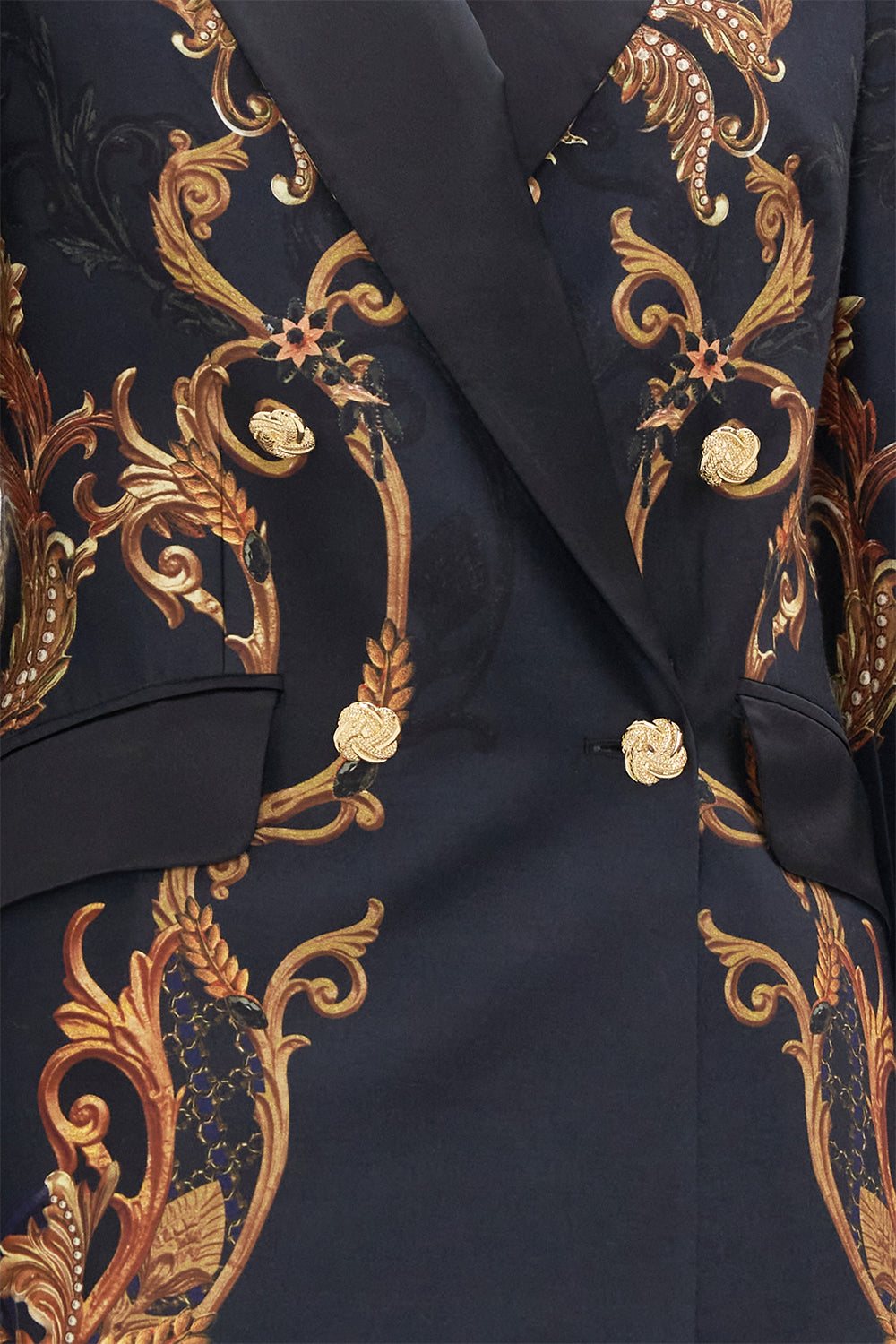 Detail view model wearing of CAMILLA silk wool blazer jacket in Moonlight Melodies print