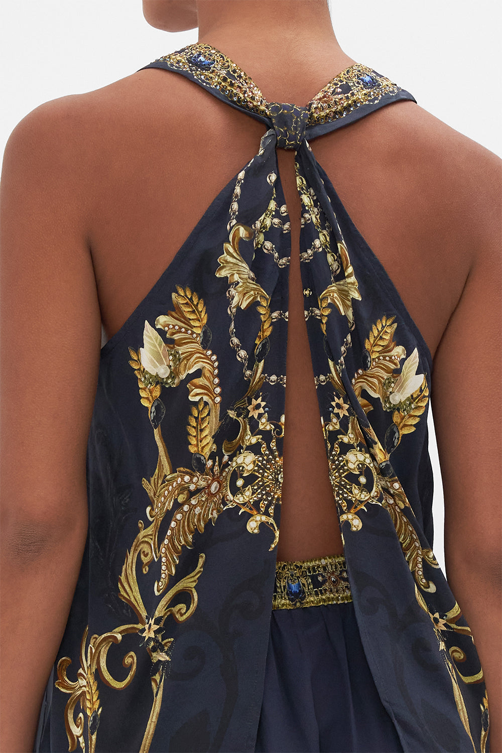 Detail view of model wearing CAMILLA silk top in Moonlight Melodiesprint 