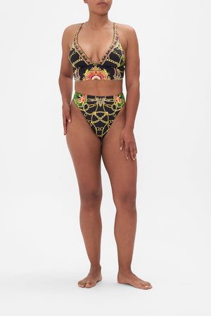 Front view of model wearing CAMILLA triangle bikini top in Jealosuy And Jewels print