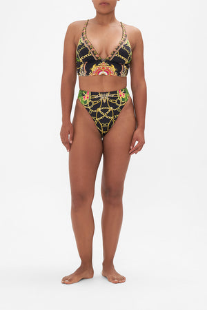 Front view of model wearing CAMILLA bikini bottoms in Jealousy And Jewels print