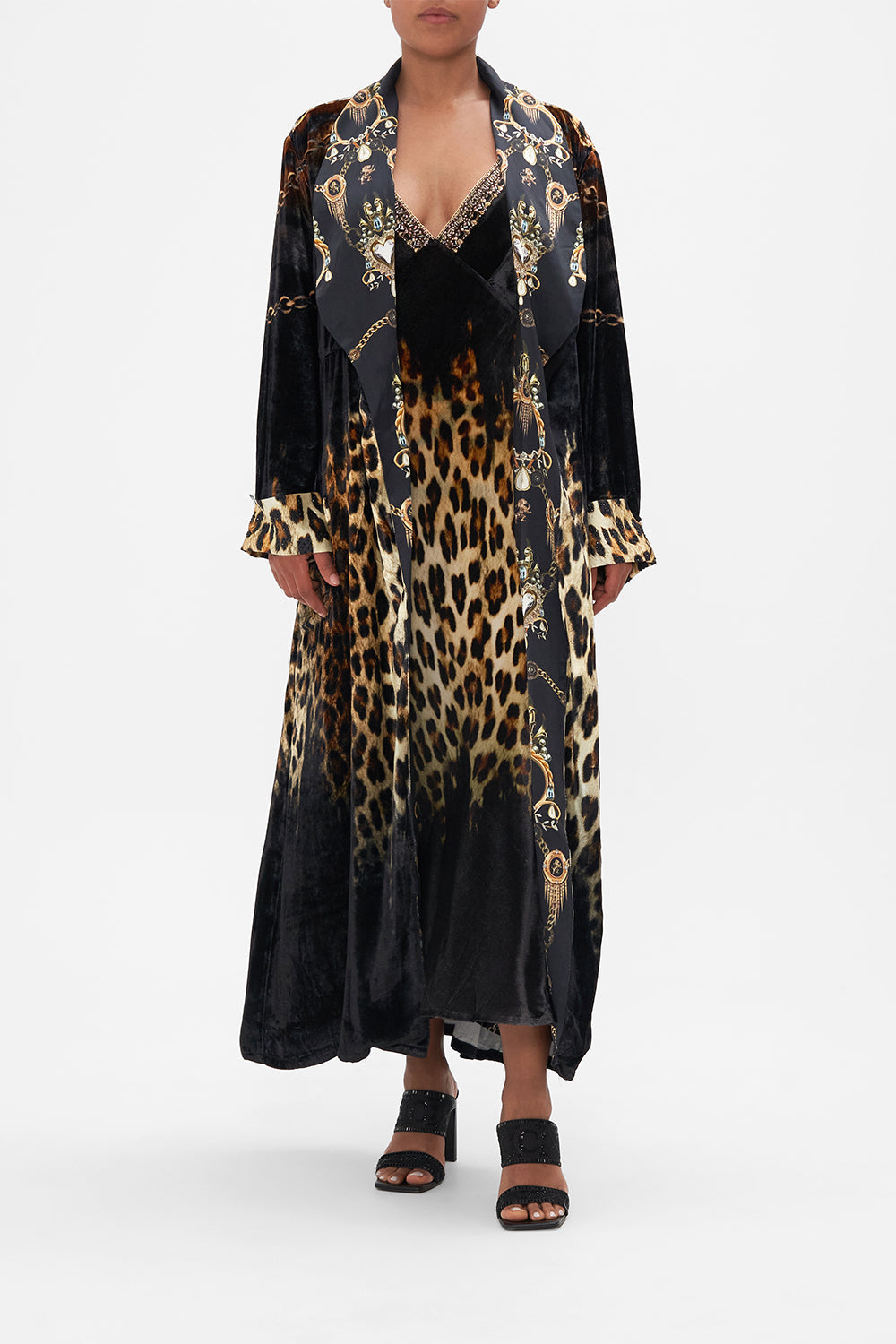 Front view of model wearing CAMILLA vlevet robe in Jungle Dreaming print