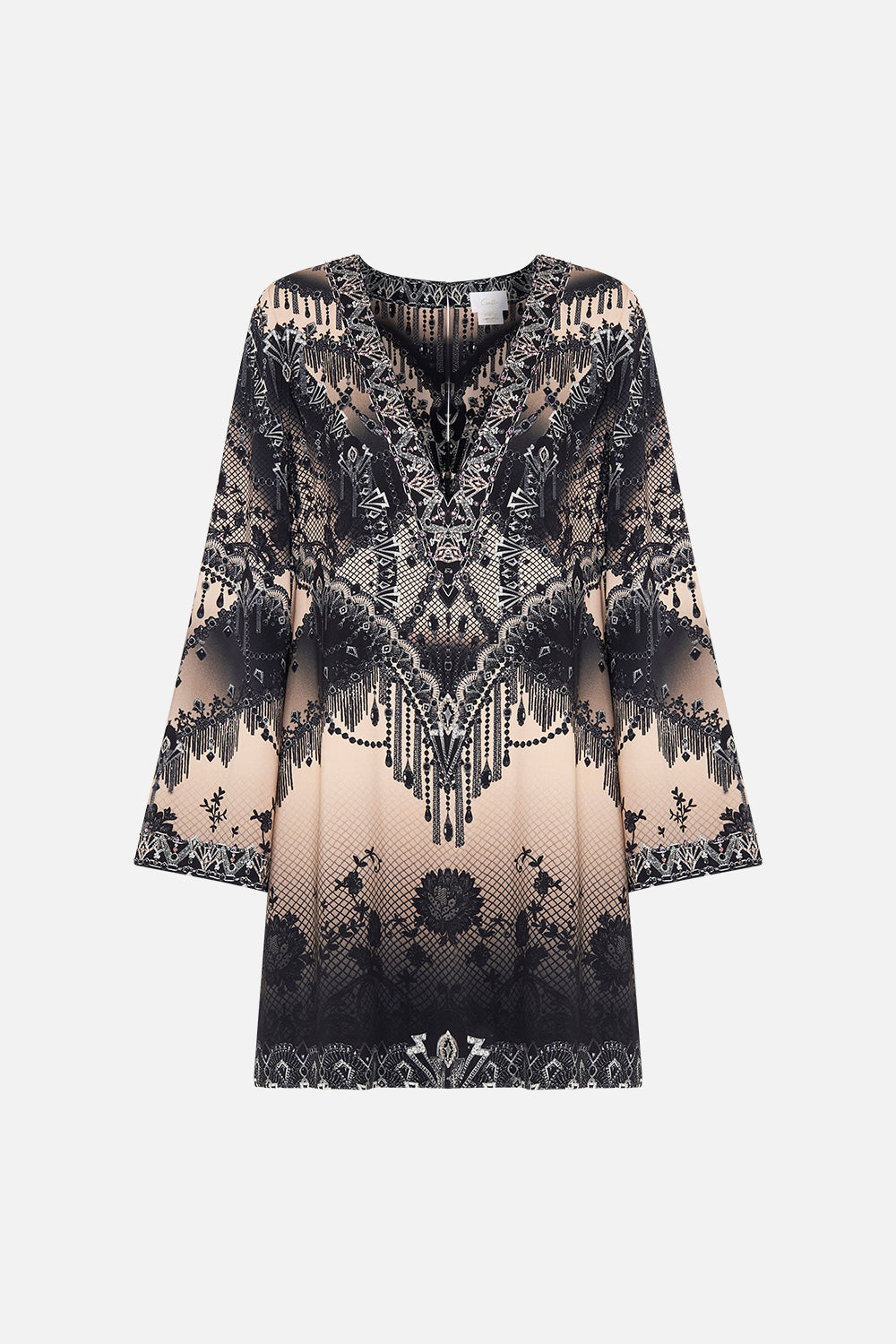 Front product view CAMILLA silk mini shift dress in Curtain Call Chaos print