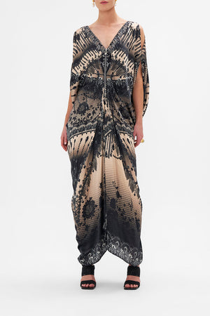 Front view of model wearing CAMILLA long silk maxi dress in Curtain Call Chaos print