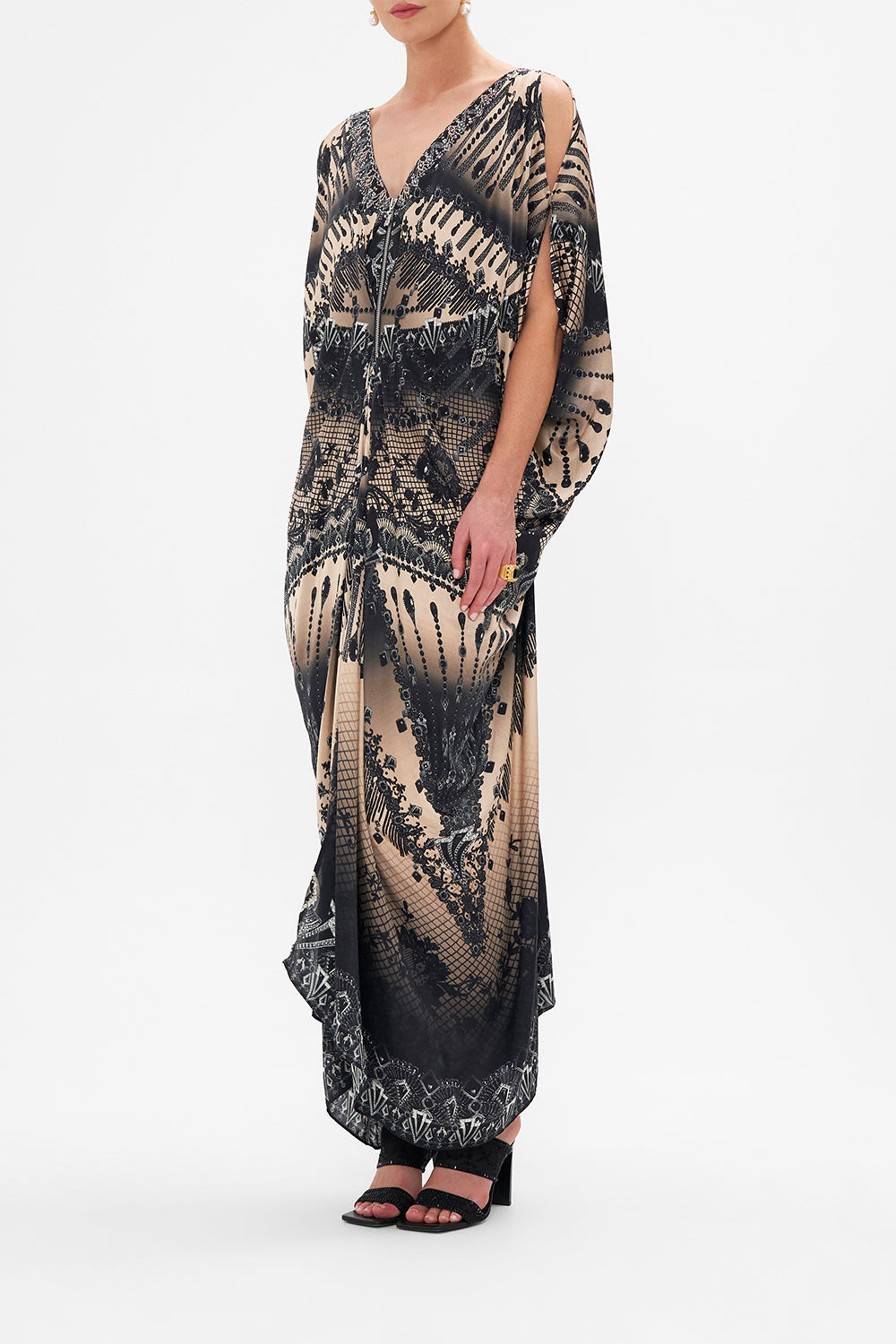 LONG DRAPE DRESS WITH ZIP FRONT CURTAIN CALL CHAOS