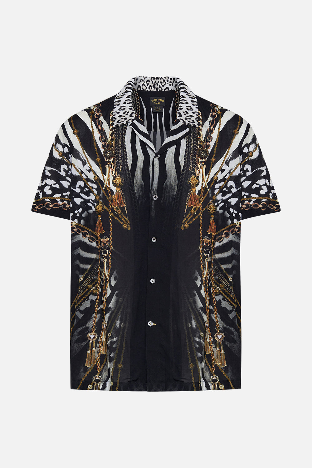Product view of Hotel Franks by CAMILLA mens black and white short sleeve button through shirt in Untamed Royalty print