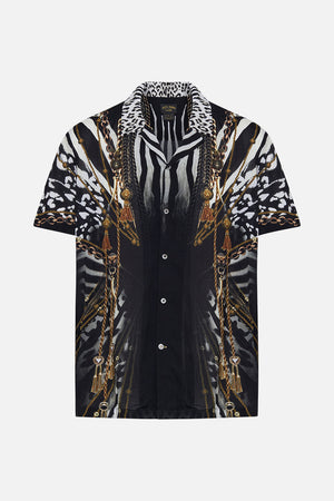Product view of Hotel Franks by CAMILLA mens black and white short sleeve button through shirt in Untamed Royalty print