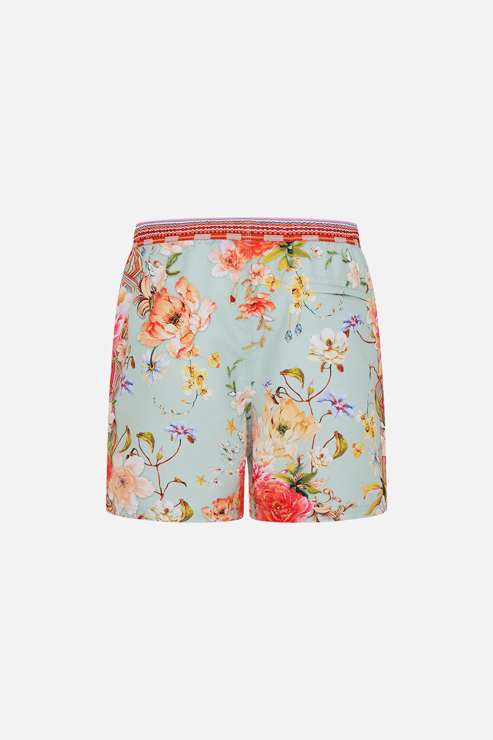 Back product view of Hotel Franks by CAMILLA mens floral print boardshorts in Talk The Walk print