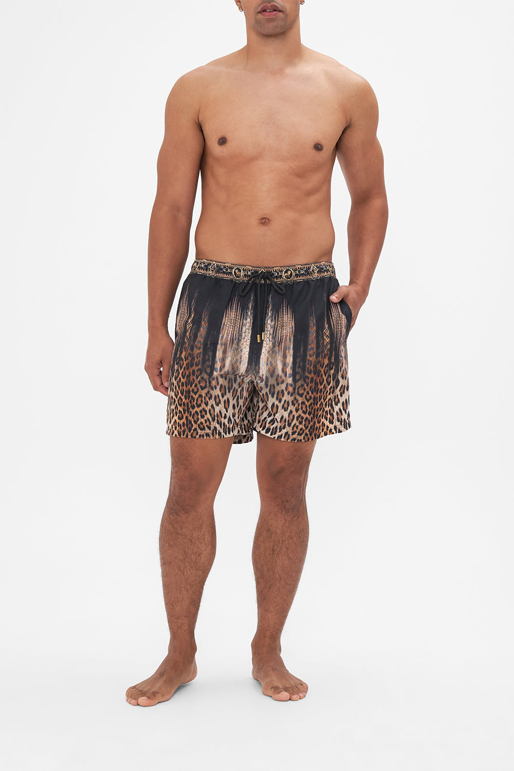Front view of model wearing Hotel Franks by CAMILLA mens animal print boardshorts in Jungle Dreaming print