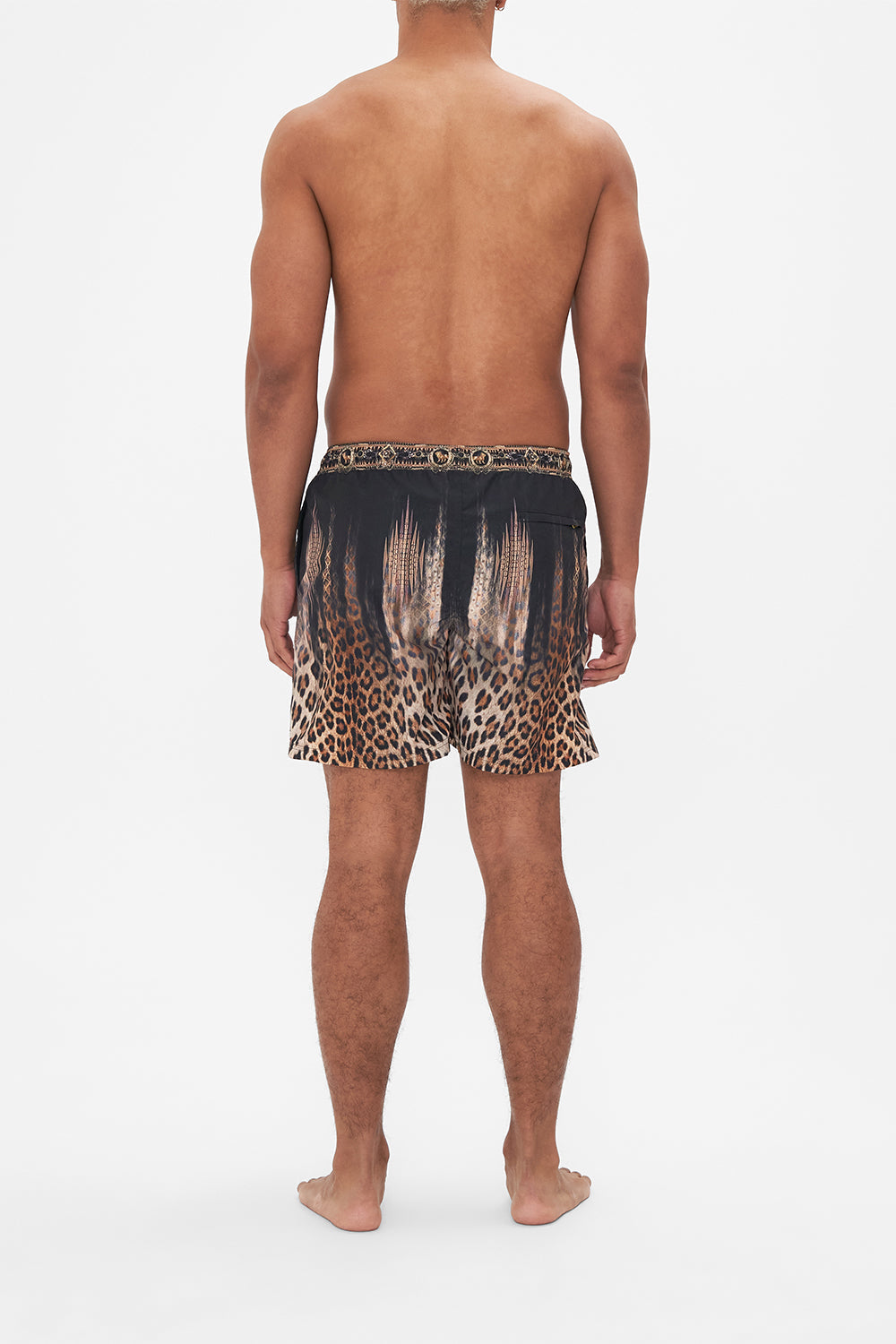 Back view of model wearing Hotel Franks by CAMILLA mens animal print boardshorts in Jungle Dreaming print