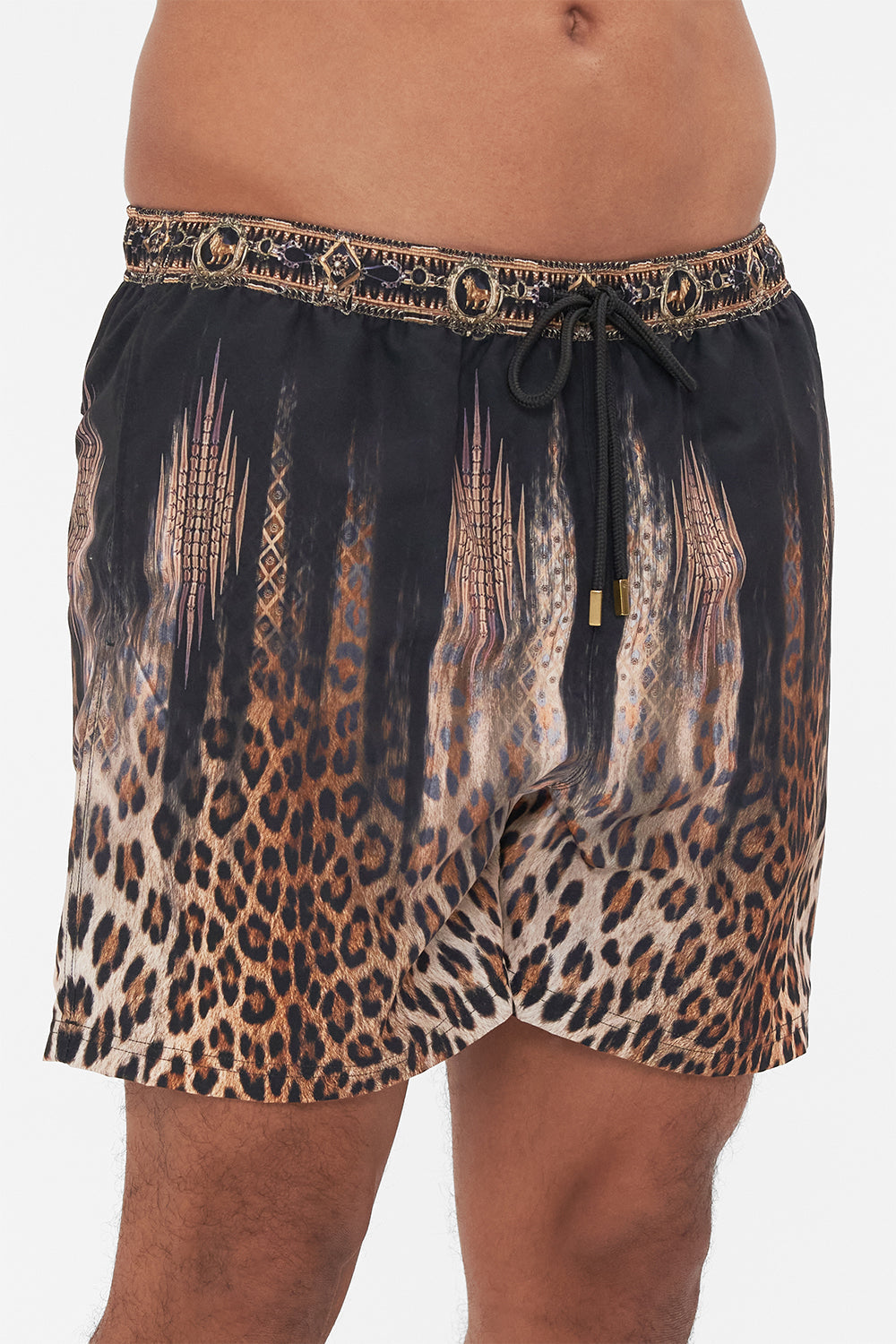 Detail view of model wearing Hotel Franks by CAMILLA mens animal print boardshorts in Jungle Dreaming print