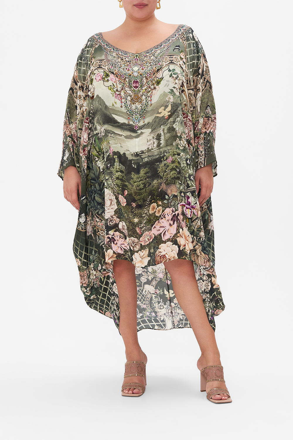 Front view of curvy model wearing CAMILLA plus size silk dress in Garden Of Good Fortune print