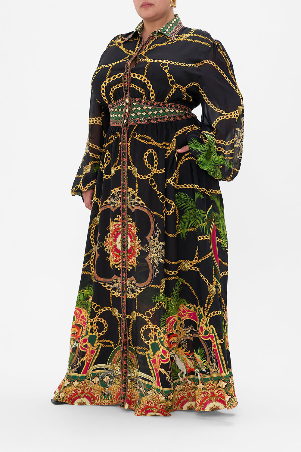 WAISTBAND LONG DRESS WITH COLLAR JEALOUSY AND JEWELS