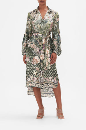 Front view of model wearing Camilla silk floral midi shirt dress Garden Of Good Fortune print