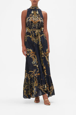 Front view of model wearing CAMILLA silk maxi dress in Moonlight Melodies print