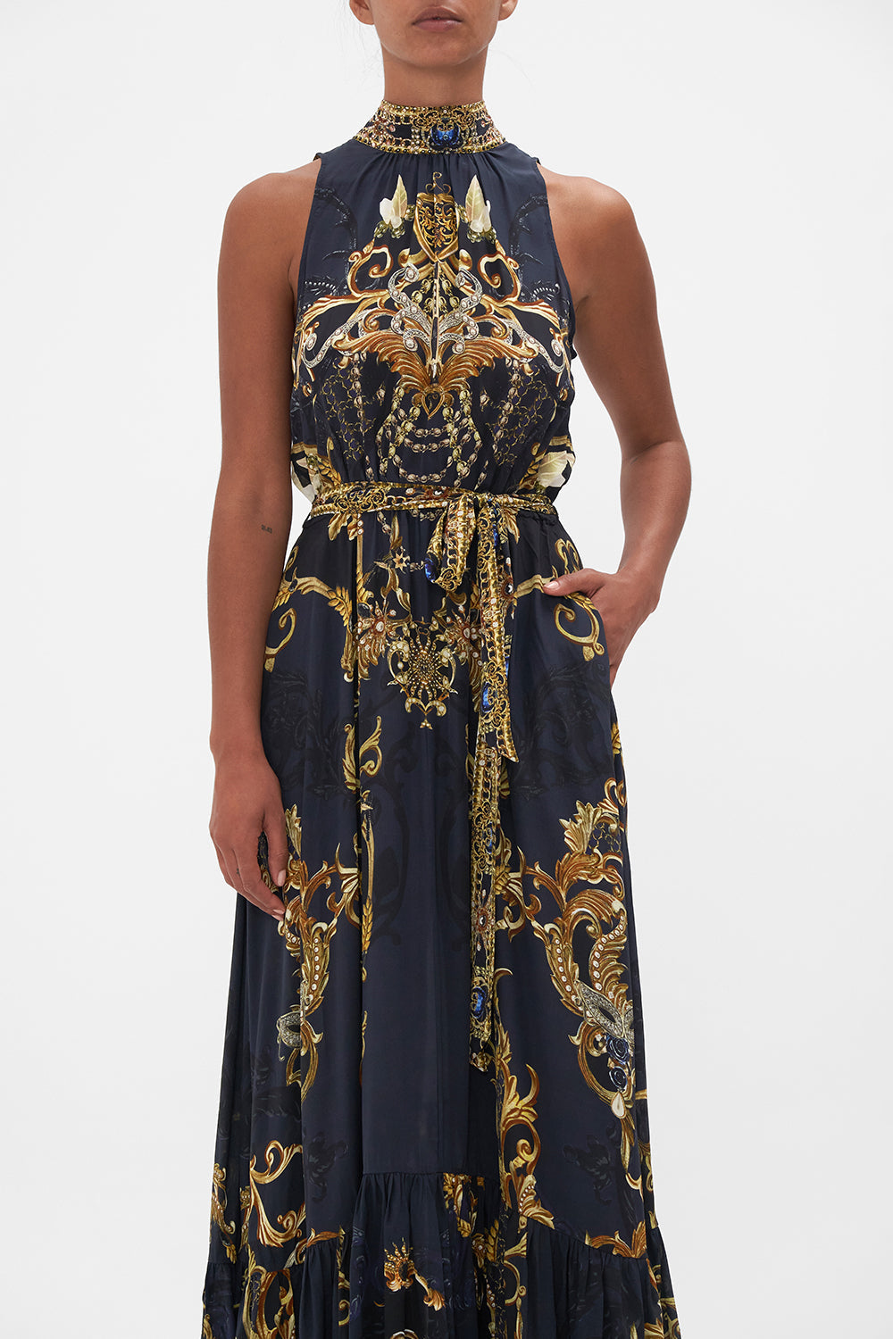 Crop view of model wearing CAMILLA silk maxi dress in Moonlight Melodies print