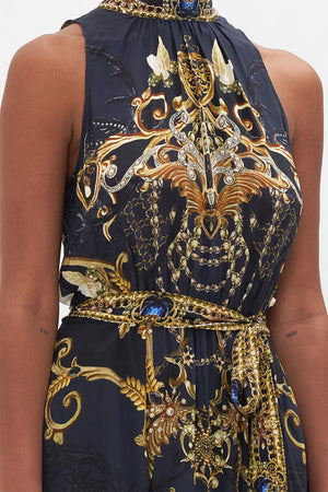 Detail view of model wearing CAMILLA silk maxi dress in Moonlight Melodies print