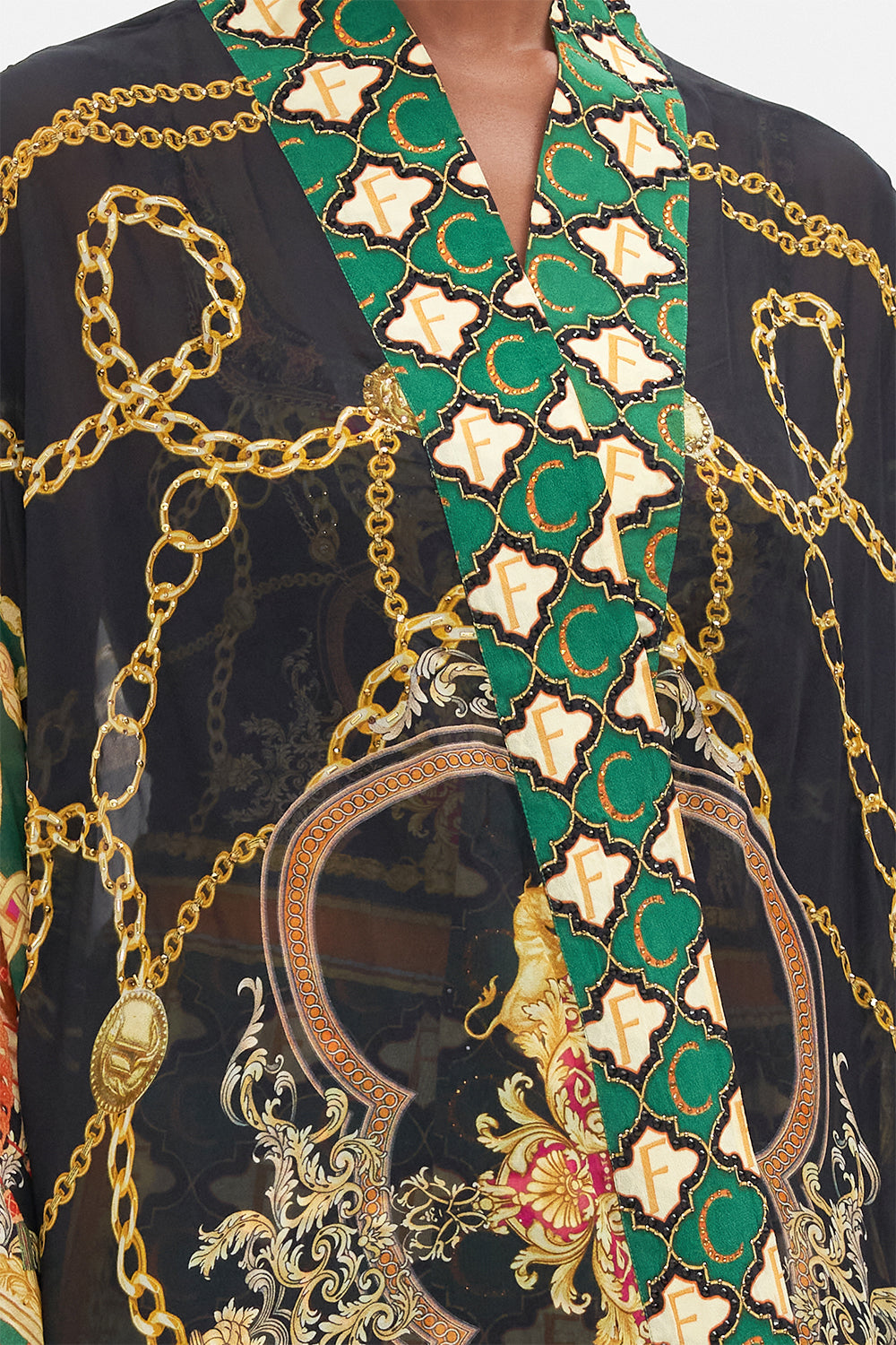 Crop view of model wearing CAMILLA silk kimono in Jealousy and Jewels  print 