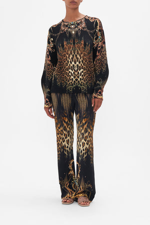 Front view of model wearing CAMILLA leopard print wool jumper in Jungle Dreaming print