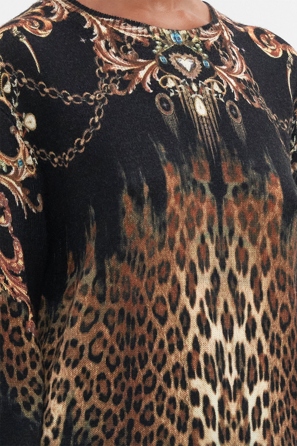 Detail view of model wearing CAMILLA leopard print wool jumper in Jungle Dreaming print