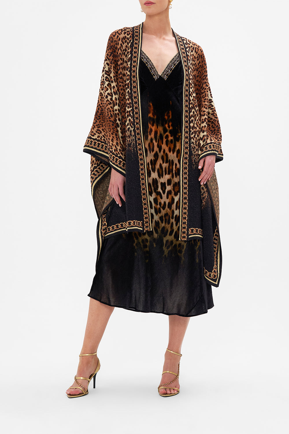 Front view of model wearing CAMILLA leopard print cape knit in Jungle Dreaming print
