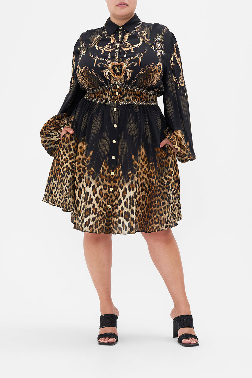 Front view of curvy model wearing CAMILLA plus size leopard print silk shirt dress in Jungle Dreaming print