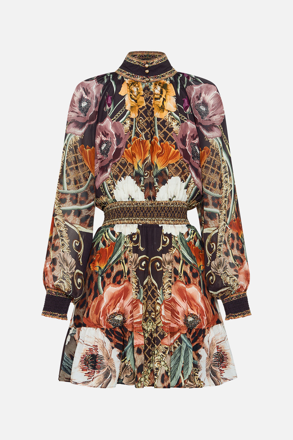 Product view of CAMILLA brown floral silk mini dress in Wave Your Wand