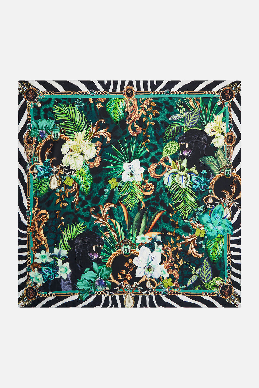 Detail view of CAMILLA silk square scarf in Sing My Song print