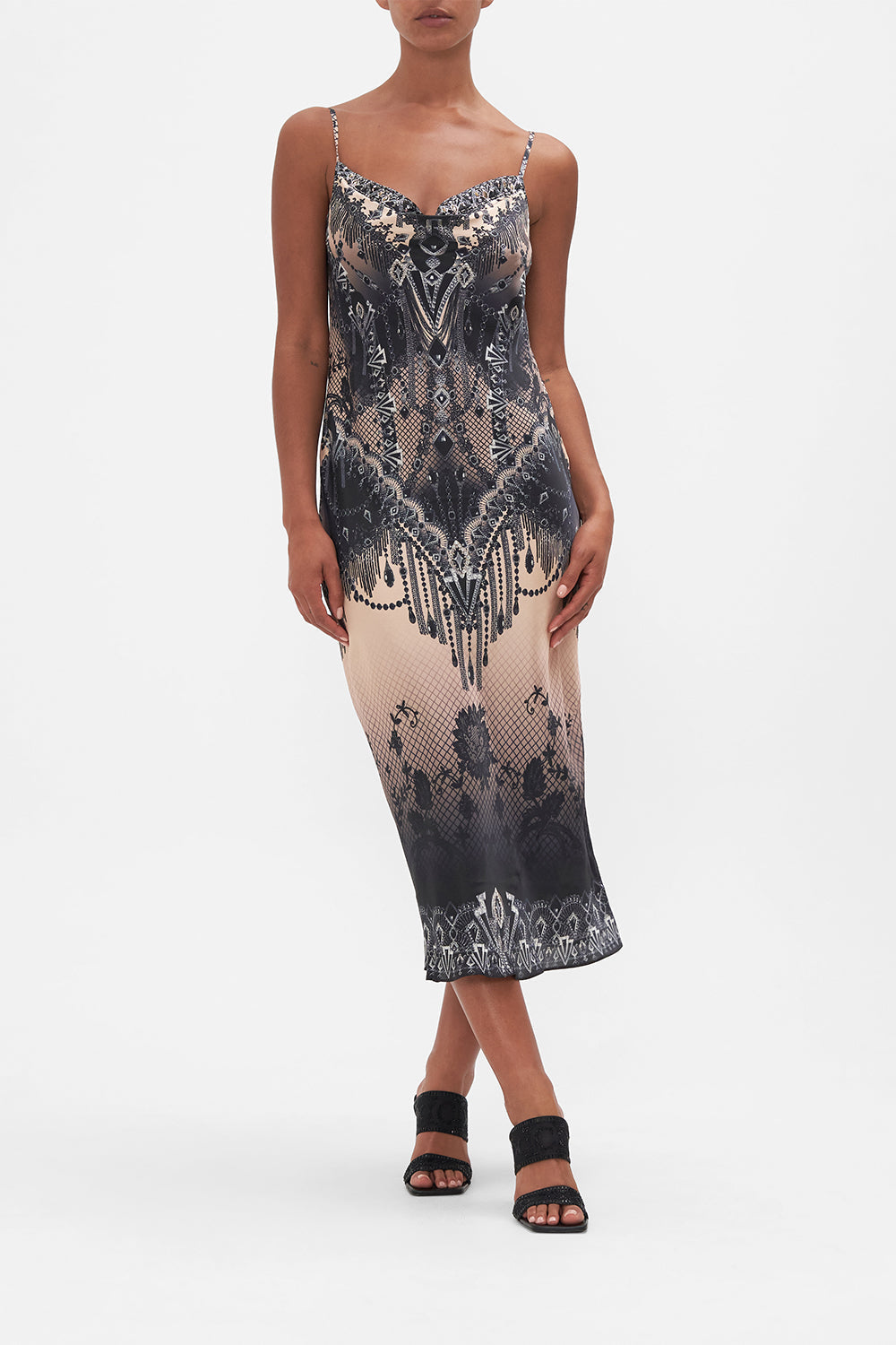 Front view of model wearing CAMILLA long bisa silk slip dress in Curtain Call Chaos print