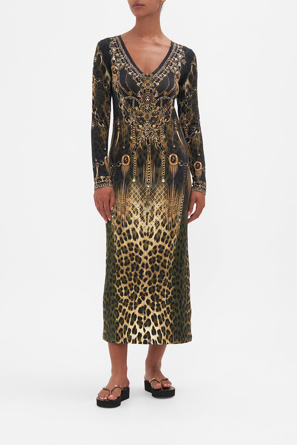 Front view of model wearing CAMILLA jersey midi dress in Lions Mane print