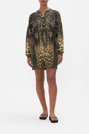 Front view of model wearing CAMILLA mini skirt dress in Lions Mane print