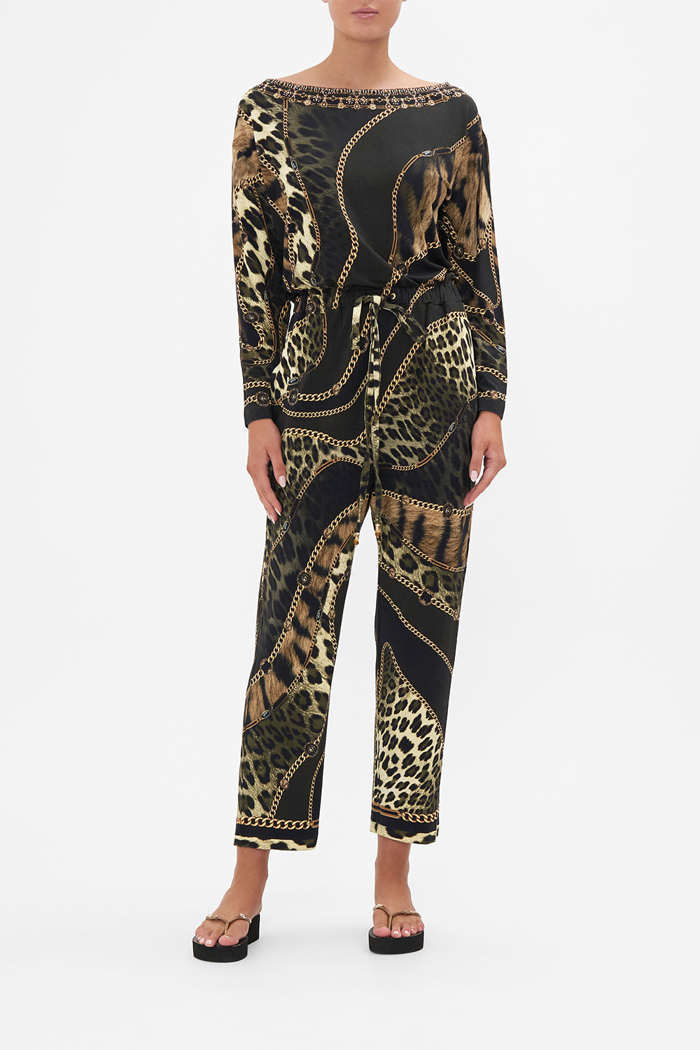 Front view of model wearing CAMILLA jumpsuit in Lions Mane  print