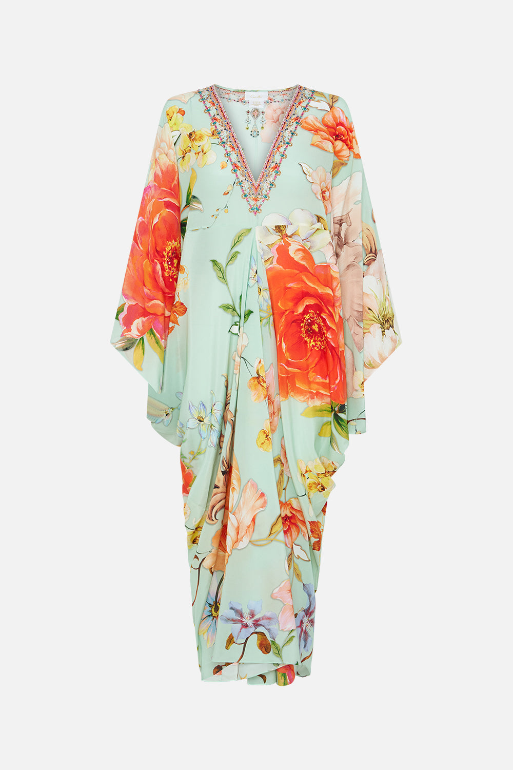 Product view of CAMILLA floral silk kaftan in Talk The Walk print 