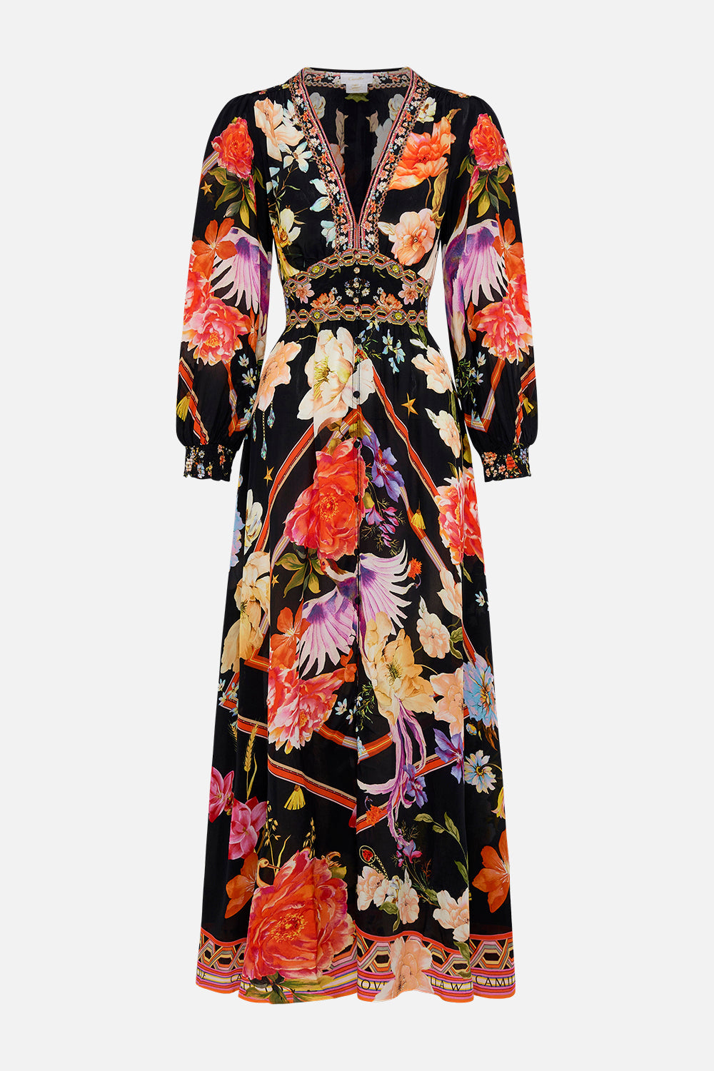 Product view of CAMILLA silk maxi dress in Secret History floral print