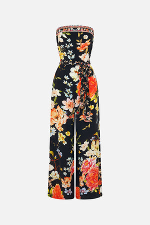 Product view of CAMILLA strapless floral silk jumpsuit in Secret History print
