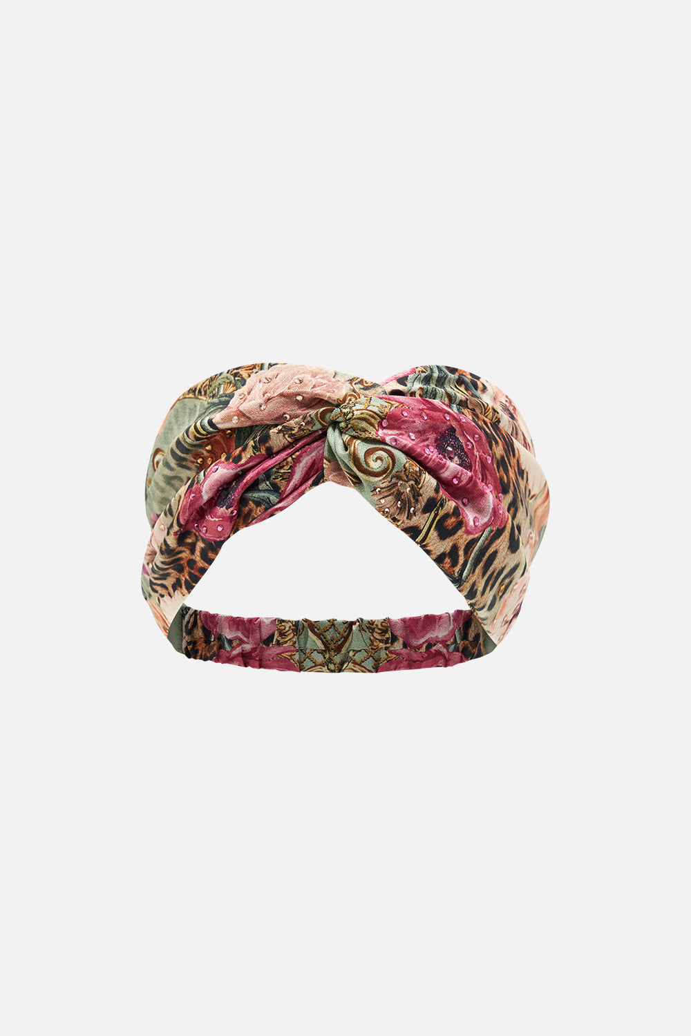 Product view of CAMILLA silk twist front headband in floral Grow and Glow print 