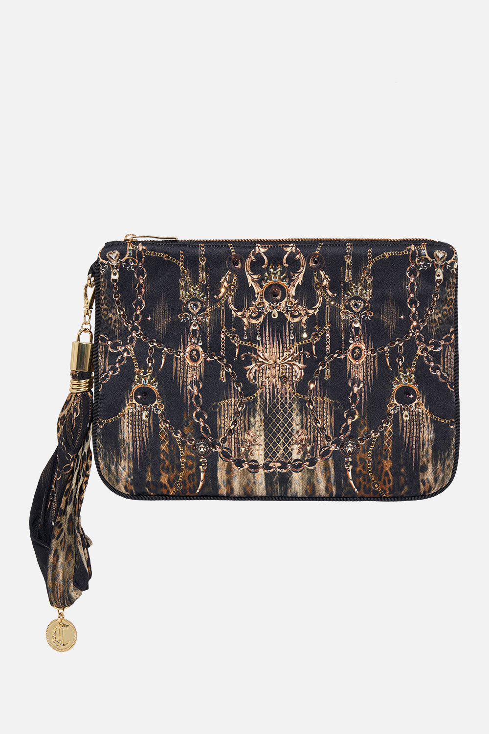 Product view of CAMILLA animal print silk clutch bag in Jungle Dreaming print
